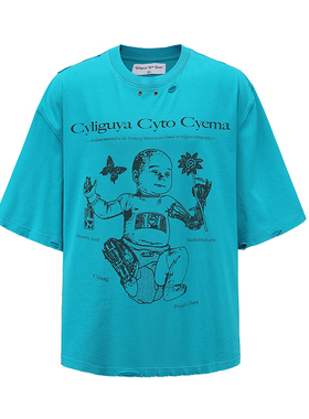 CyCyCy 秀场Y2K千禧孔雀蓝破洞水洗印花赛拓因廓形短袖T恤邵子恒