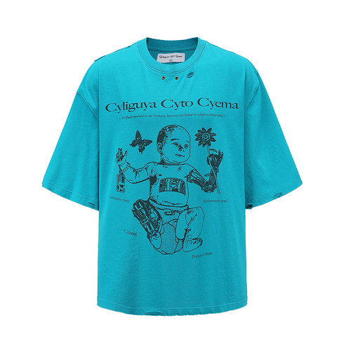 短袖朋克男女破洞水洗T恤