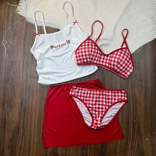 泳衣女甜美格子比基尼四件套甜美吊带可爱小胸分体bikini度假温泉