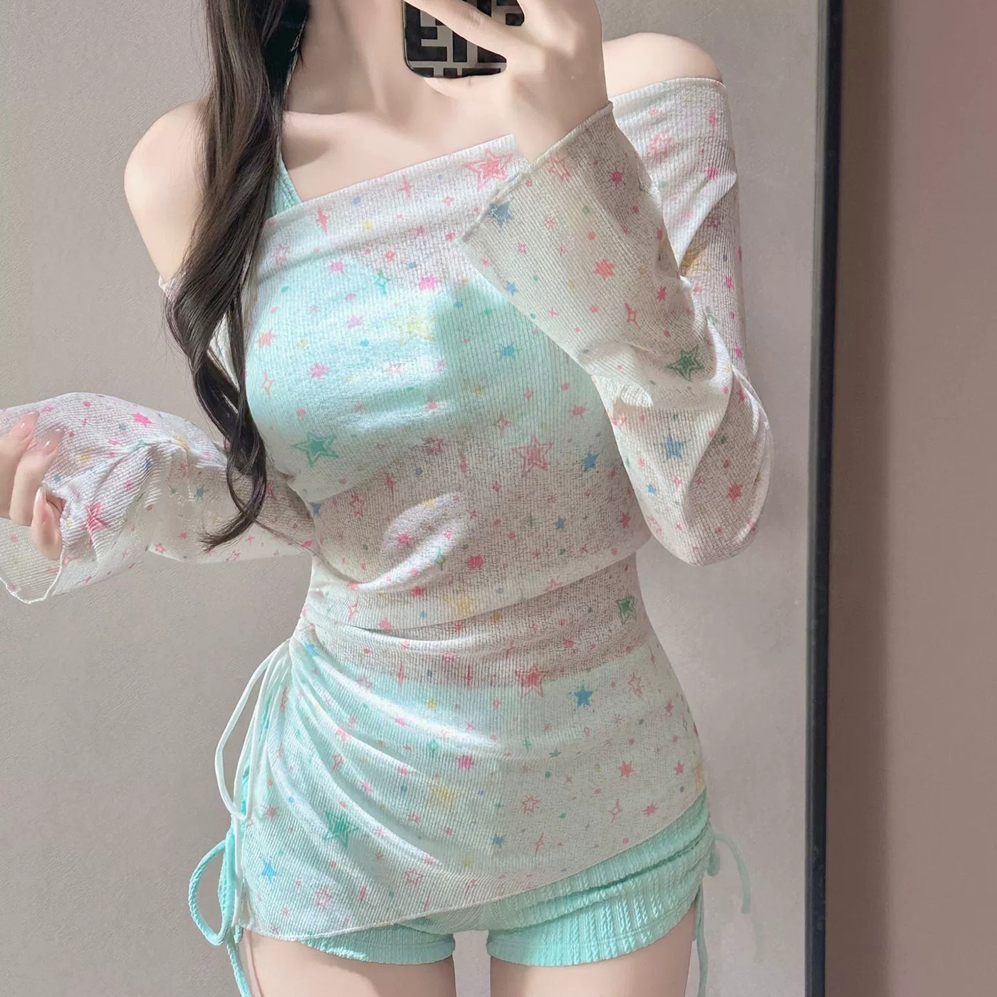 少女感ins分体泳衣女三件套长袖一字肩显瘦保守海边度假韩版泳装