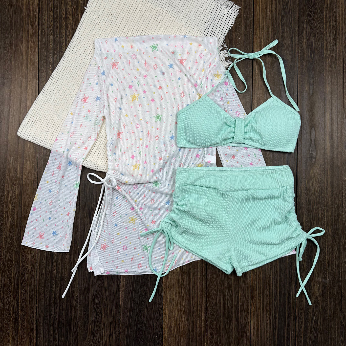 小清新分体泳衣女三件套长袖保守显瘦遮肚性感沙滩度假甜美游泳衣