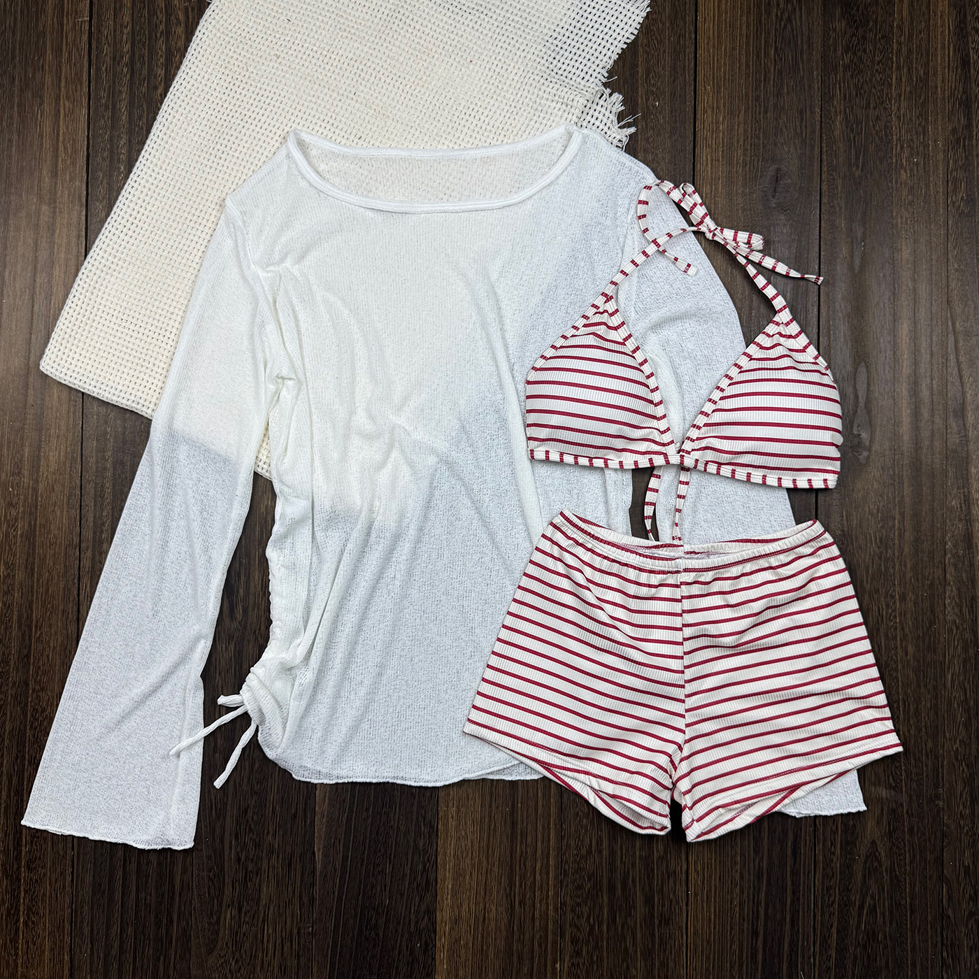 辣妹ins风条纹分体泳衣女三件套保守显瘦遮肚比基尼沙滩度假套装