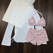 辣妹ins风条纹分体泳衣女三件套保守显瘦遮肚比基尼沙滩度假套装