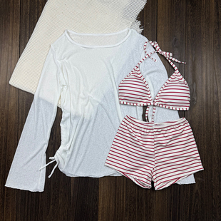 辣妹ins风条纹分体泳衣女三件套保守显瘦遮肚比基尼沙滩度假套装