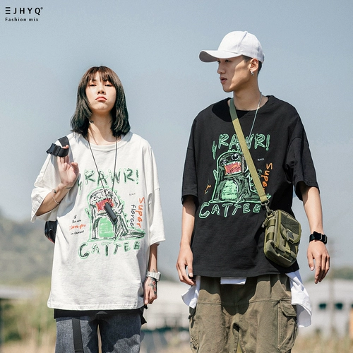 Мультяшный динозавр, футболка с коротким рукавом, летняя парная одежда для влюбленных, 230G, свободный крой, круглый воротник