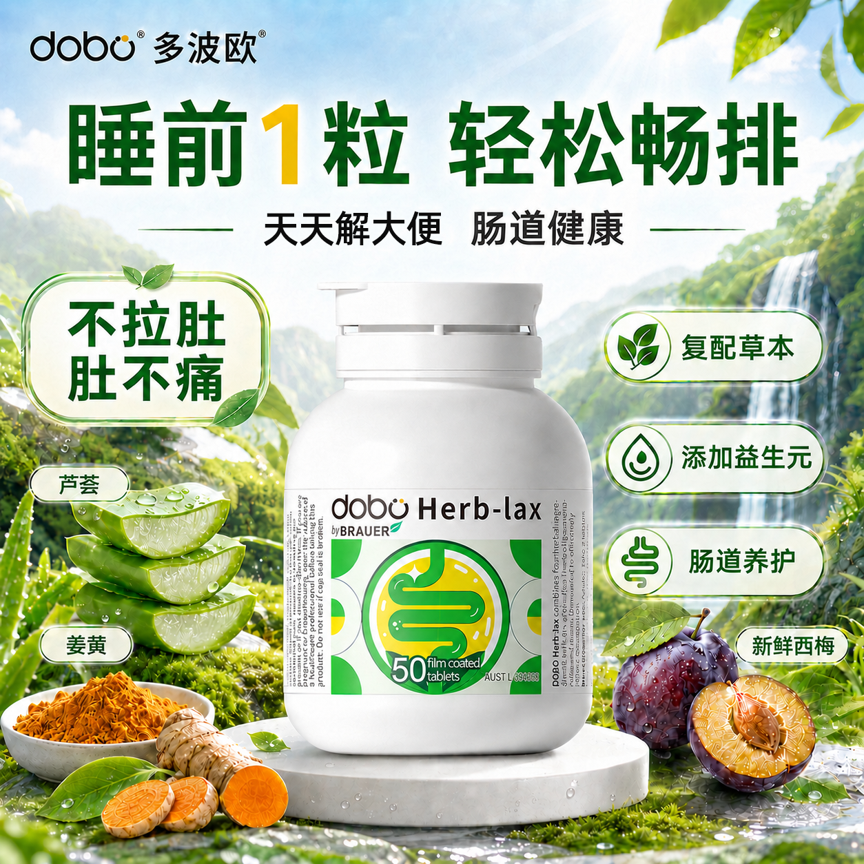 DOBO噗噗片herb便排秘西梅片润便菊粉肠芦荟膳食植物酵素肠清片