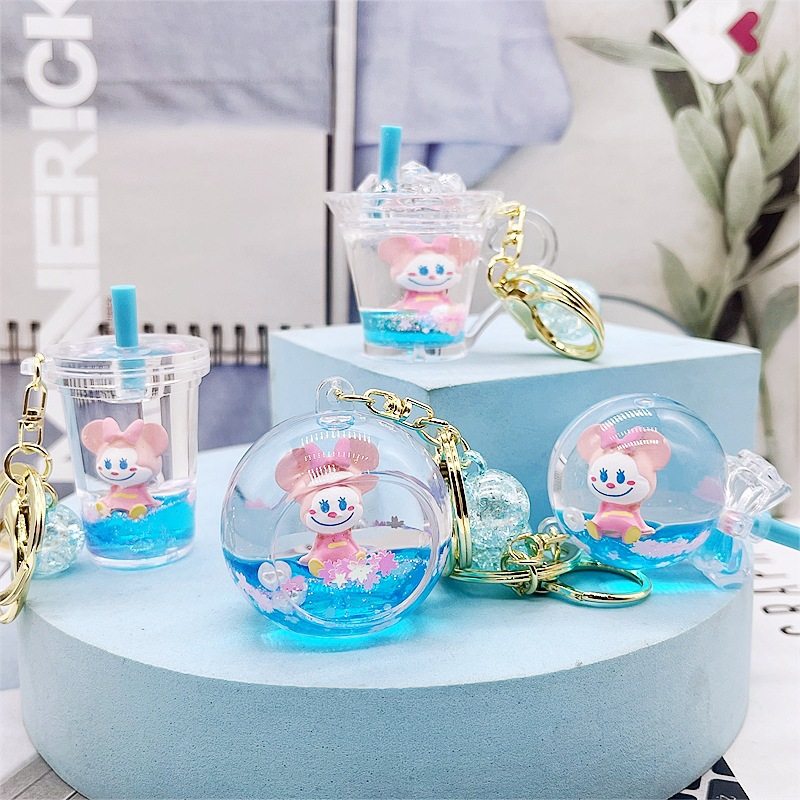 入油创意棒棒糖钥匙扣液体流沙小丑米妮挂件精致包包配饰礼品