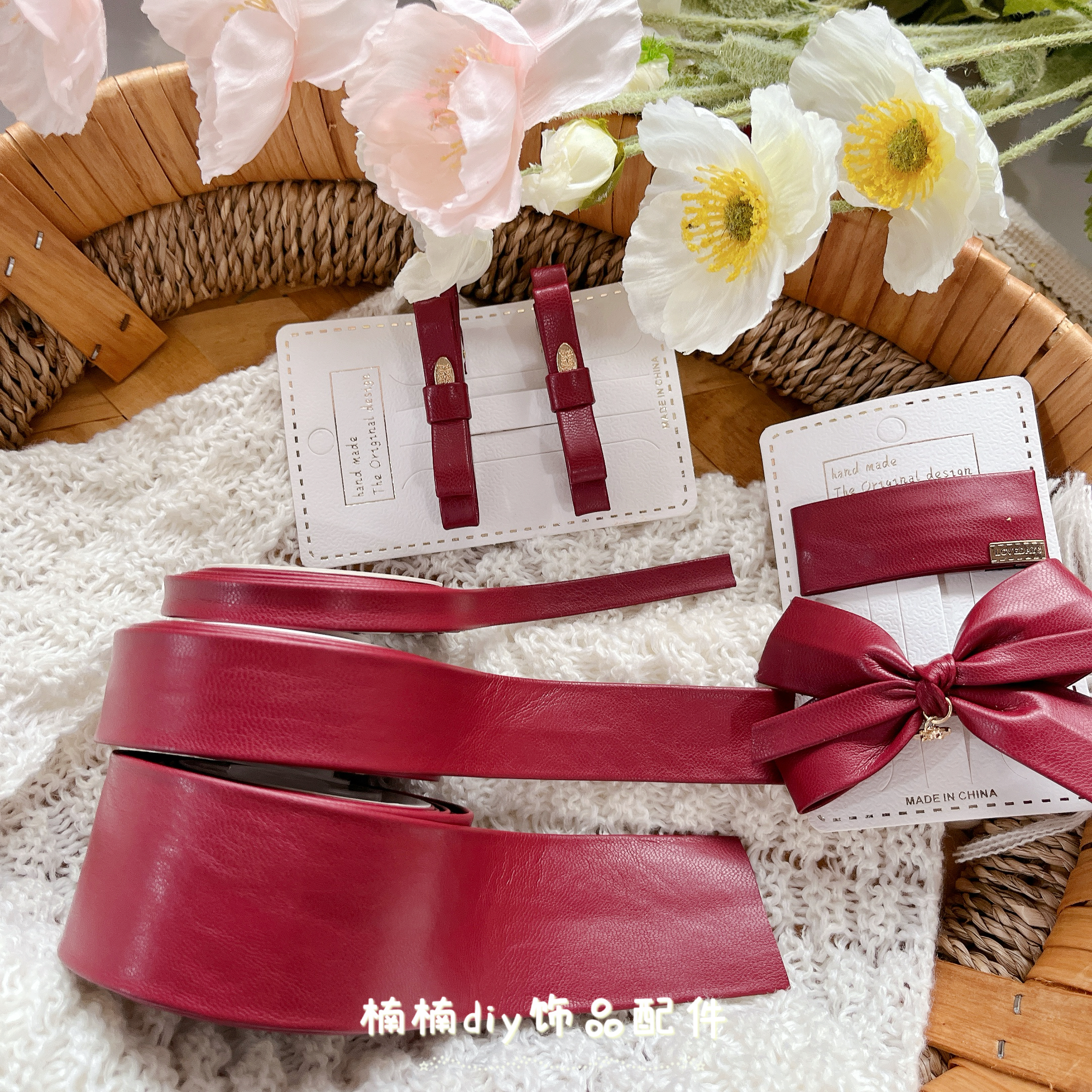 秋冬新款安可拉红pu仿皮质压布条diy手工蝴蝶结发饰丝带高质感