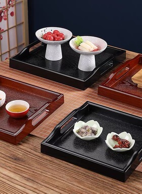 塑料托盘正方形黑色仿木纹日式酒店端盘餐饮具大号商用茶盘