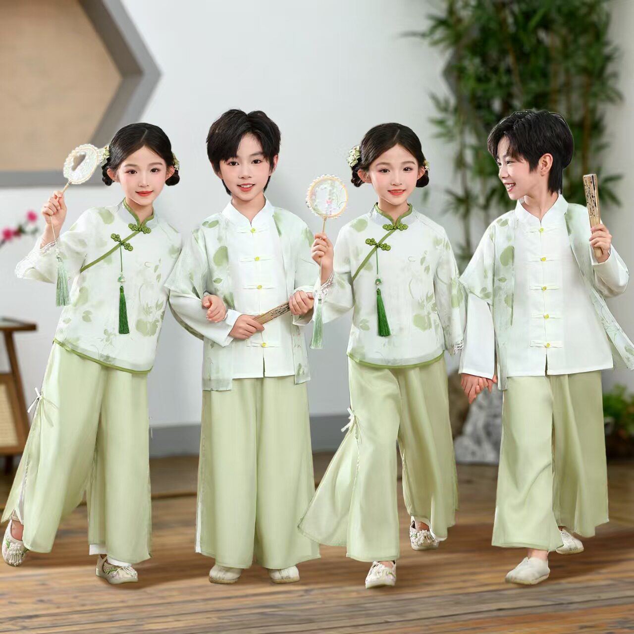 儿童唐装新中式长袖汉服套装中国风小学生国学服毕业班服表演服