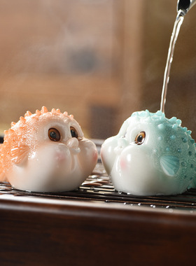 创意遇热变色茶宠河豚鱼桌面摆件茶盘装饰品茶玩跨境新品茶道配件