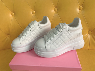 高跟绣菱格春季新款头层牛皮厚底女鞋 内增高松糕鞋 纯色鞋子小白