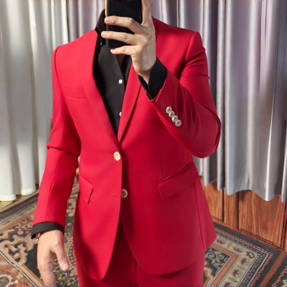 量身定制明星同款大红色西服男士修身西装时尚主持夜店套装