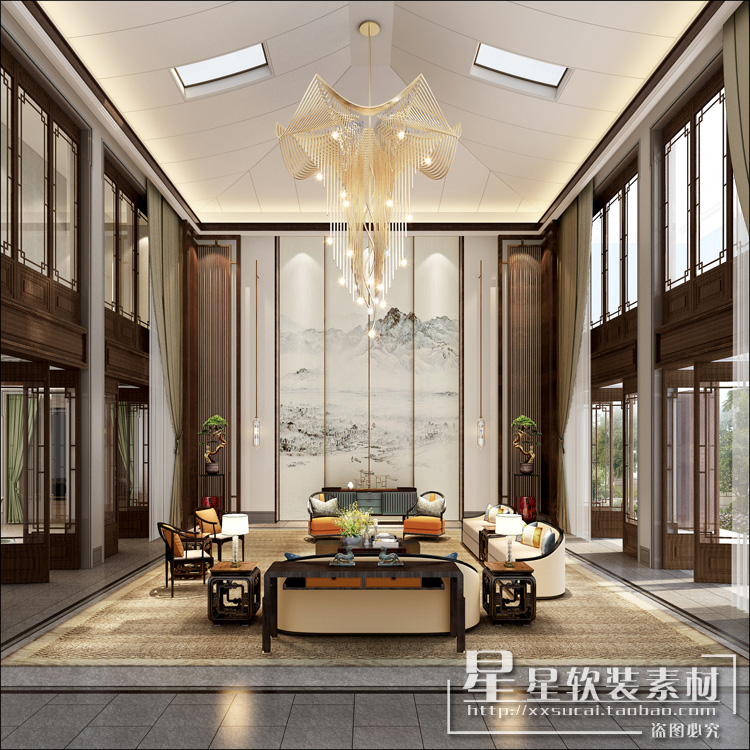 星星软装-华侨城4层中式风格别墅效果图+CAD施工图+水电暖通+物料