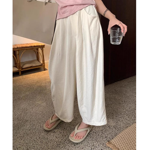 日系高腰褶皱女裤白色冰丝九分裤