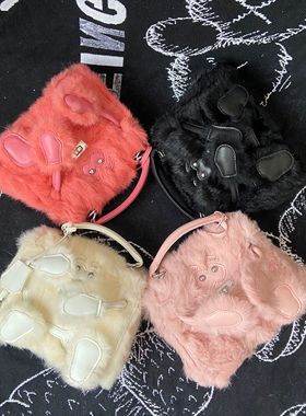 韩国代购 READYMADE小怪兽2022新款冬季毛毛包单肩斜跨兔毛小包潮