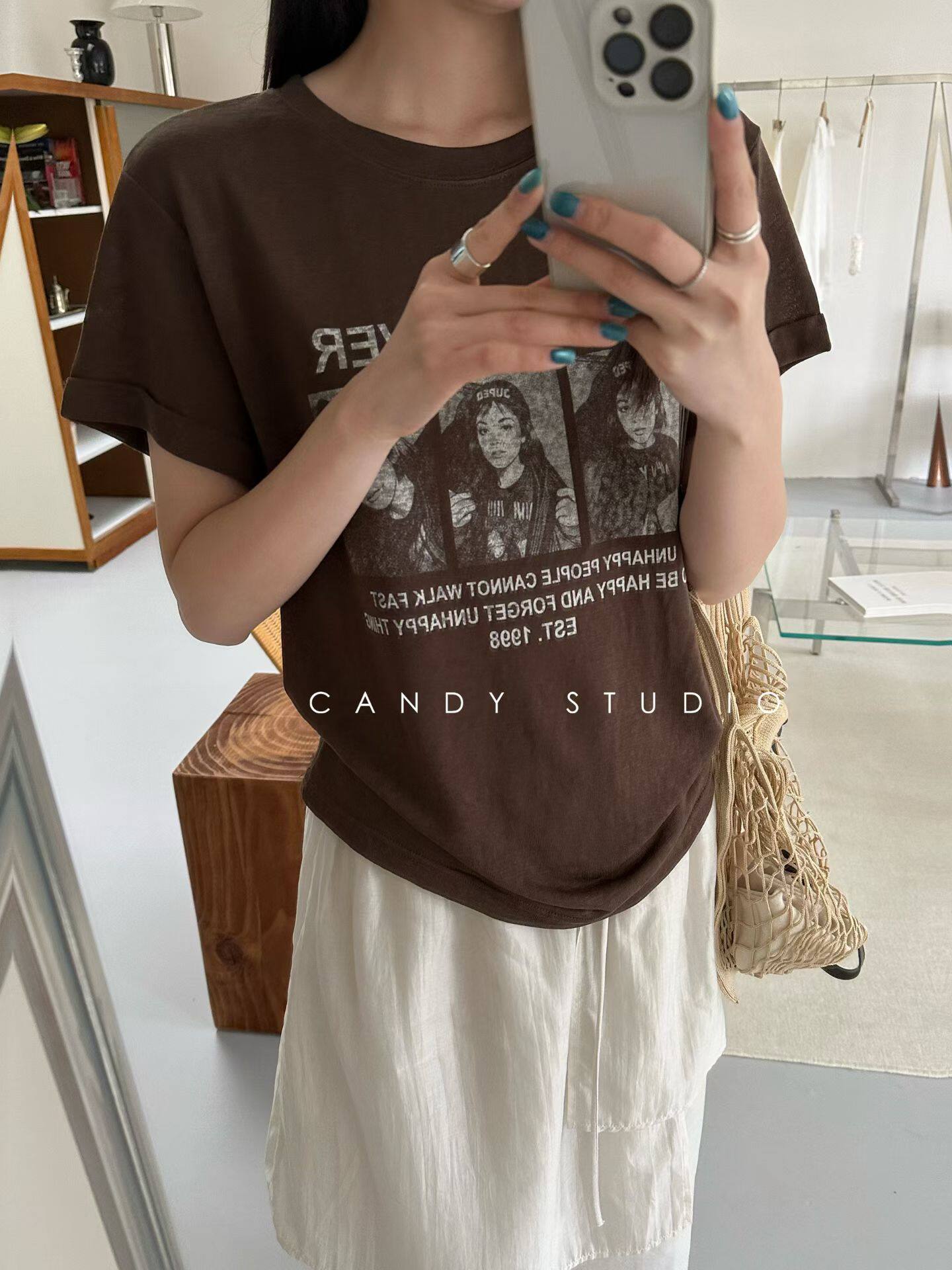 韩系简约圆领短袖美式T恤女夏季新款宽松显瘦百搭上衣潮面膜面料
