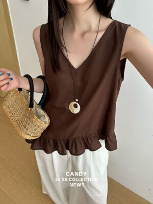 法式韩系简约气质无袖V领夏季吊带背心拼接荷叶边上衣女配项链