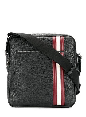 Bally/巴利新款黑色荔枝纹牛皮红白条纹单肩斜挎包男6218289
