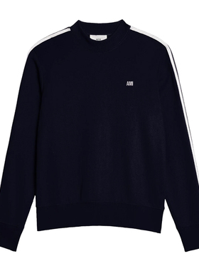 AMIPARIS新款男士字母LOGO刺绣条纹装饰蓝色圆领卫衣HSW018