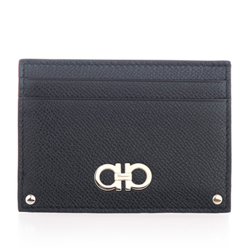 Ferragamo/菲拉格慕新款女士黑色皮革荔枝纹名片夹卡包22C505