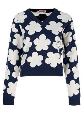 KENZO高田贤三新款女士花朵logo图案深蓝色短款针织衫3CO 2PU326