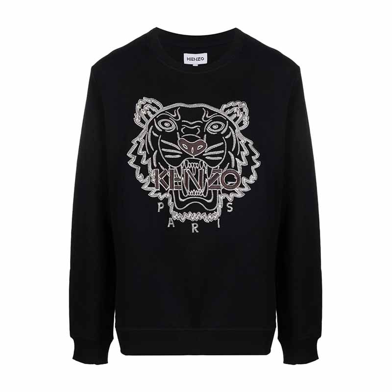 KENZO/高田贤三新款男士黑色虎头字母刺绣圆领套头卫衣4XF 5SW124