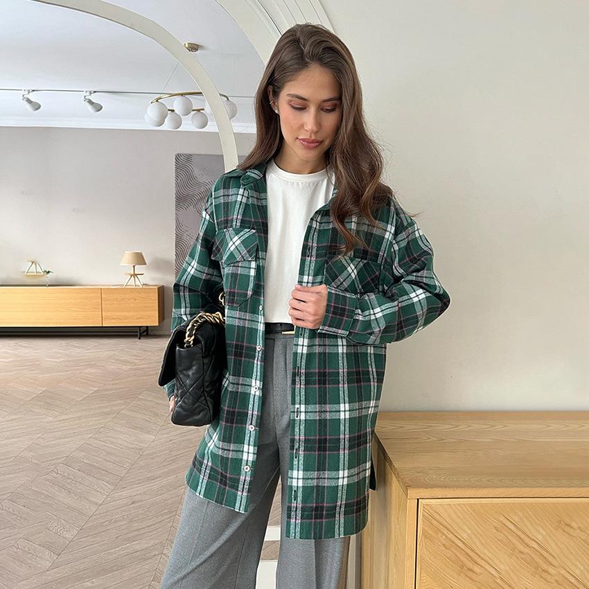 美式街头绿色格子衬衣女20