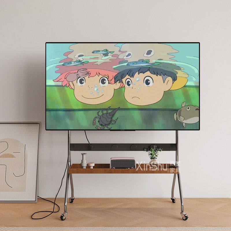 小户型客厅卧室显示器落地家用挂架电力轨道电视机不锈钢移动支架