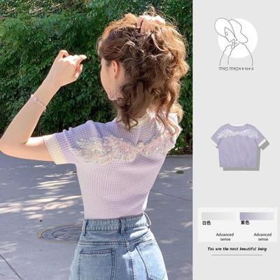 小香风短袖冰丝针织衫女夏薄款小个子刺绣短款恤配半身裙的上衣