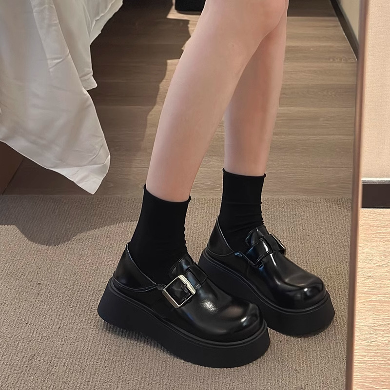 早春新款英伦风小皮鞋女大头单鞋松糕厚底勃肯鞋一脚蹬显脚小真皮