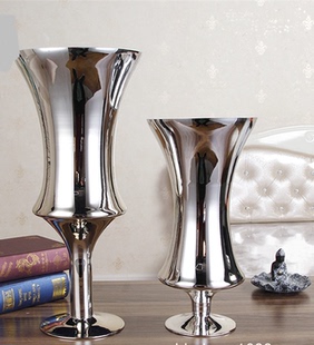 电镀银色玻璃花瓶高脚插花器创意家居软装饰品婚庆酒店大堂桌摆件
