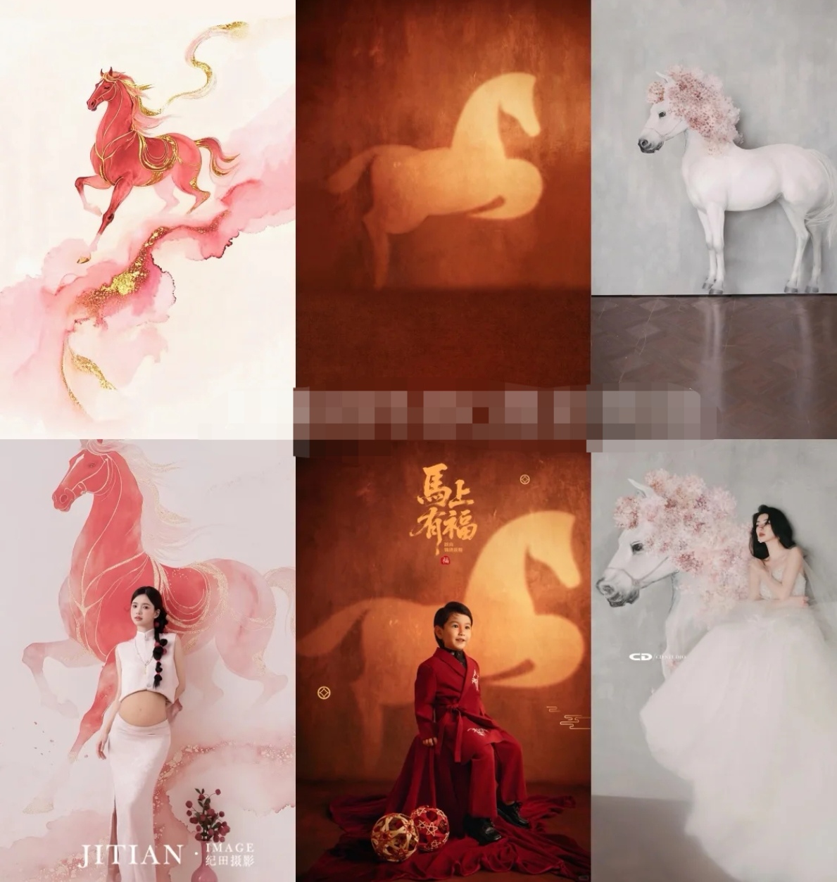 马年新年中国红氛围拍照背景布一家三口过年红色场景摄影背景纸