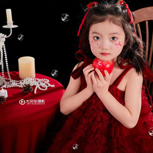 新年华丽风儿童摄影服装红色连衣裙女童圣诞礼服蓬蓬裙喜庆蛋糕裙