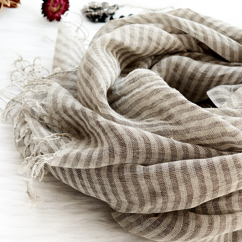 日系亚麻围巾女春夏季黑白条纹围巾素色文艺棉麻丝巾夏天超薄