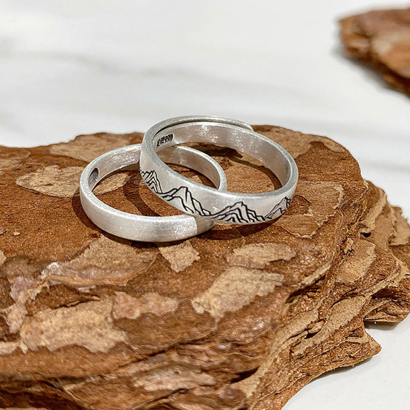 福氏银戒指足银999小众设计山盟海誓情侣复古对戒开口纯银戒指