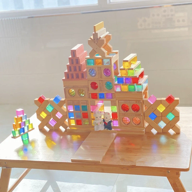 跨境透光宝石积木益智早教大颗粒幼儿彩虹拼装木制蒙氏教具