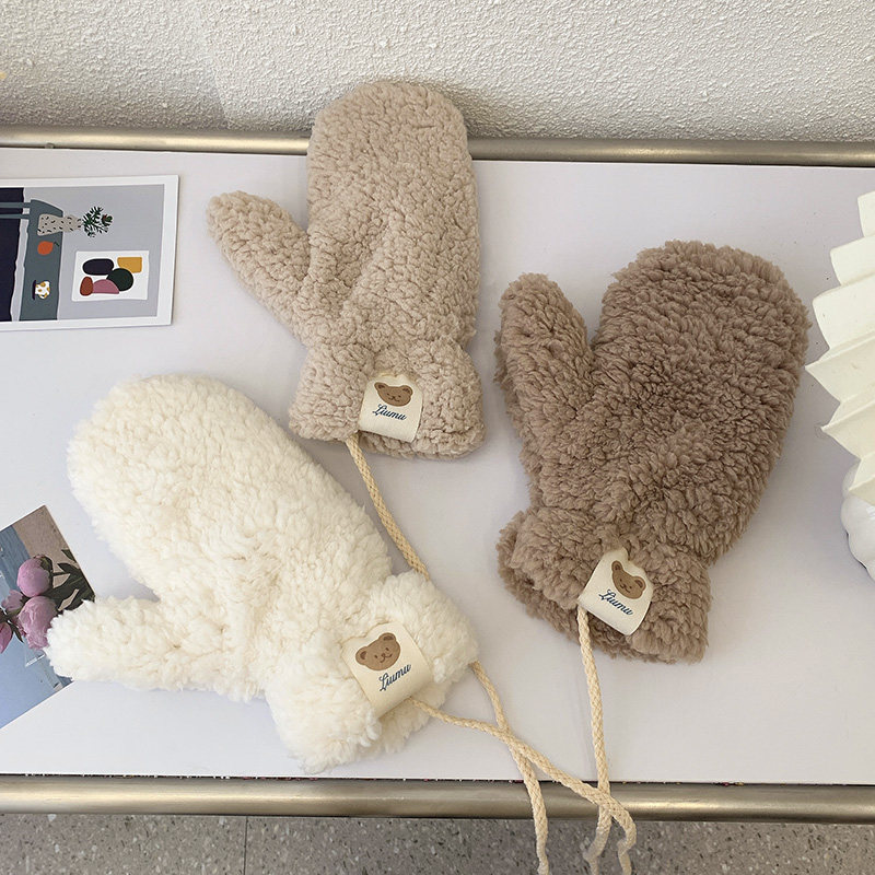 일본 구매 STELU 장갑 겨울 곰 라벨 홀터넥 넥 귀여운 학생 승마 플러스 벨벳 두꺼워 보온 및 방한 유지