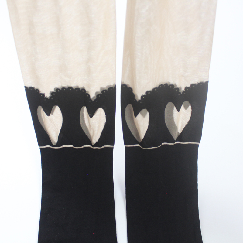 上肤下黑假高筒蕾丝爱心连裤袜