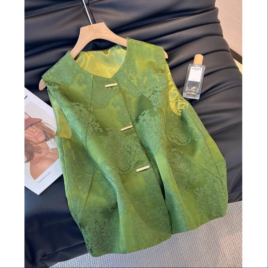 新中式绿色印花盘扣马甲女秋季