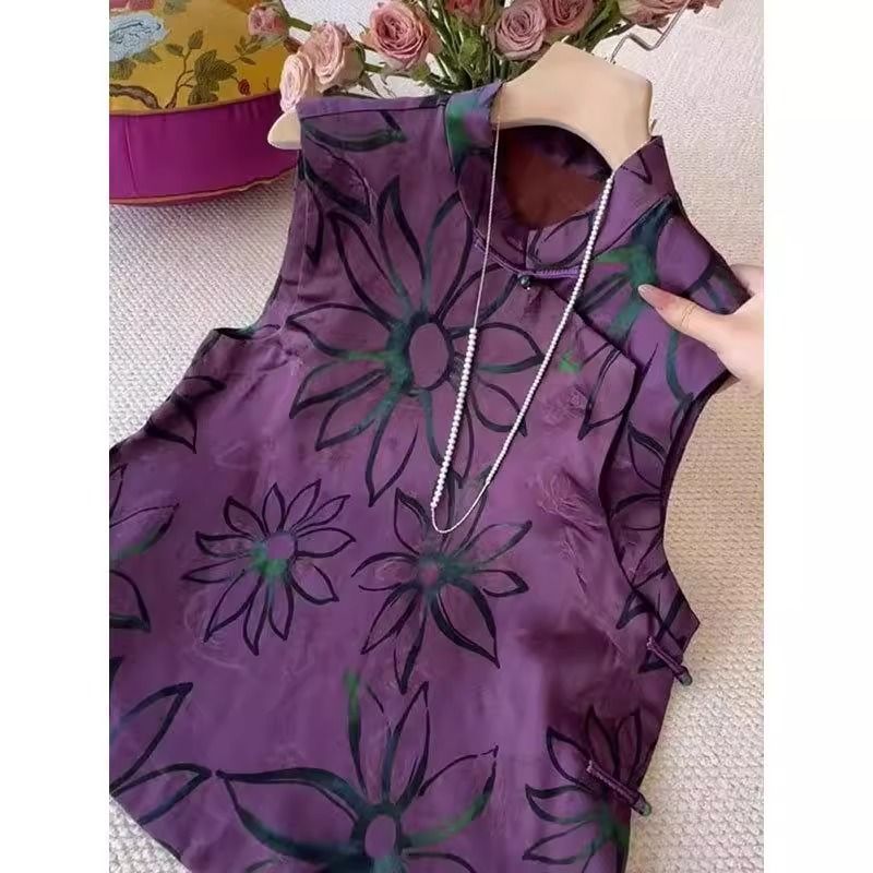 新中式紫色印花立领无袖马甲女款
