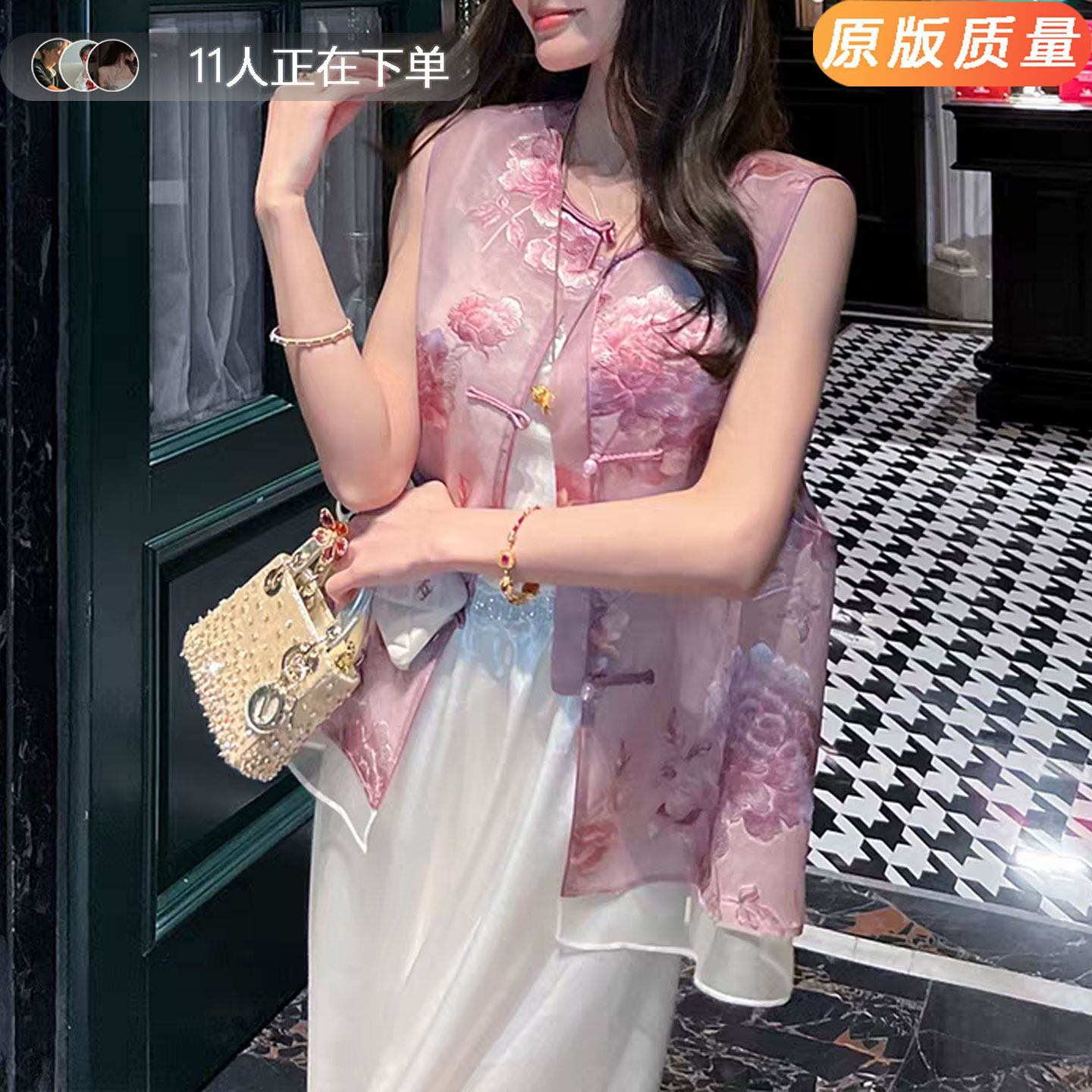 夏季新中式国风欧根纱刺绣马甲