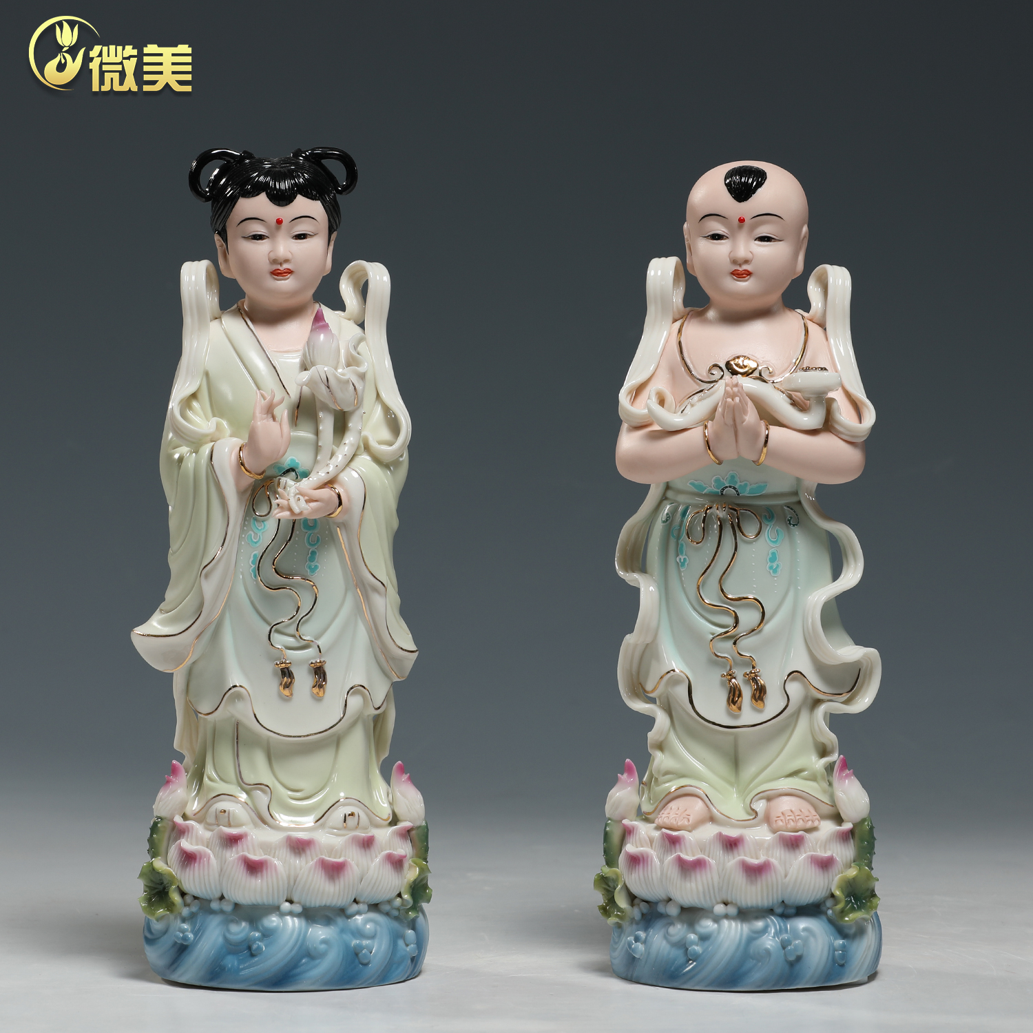 微美8至14寸陶瓷金童玉女神像善财童子龙女观音菩萨佛像对童摆件