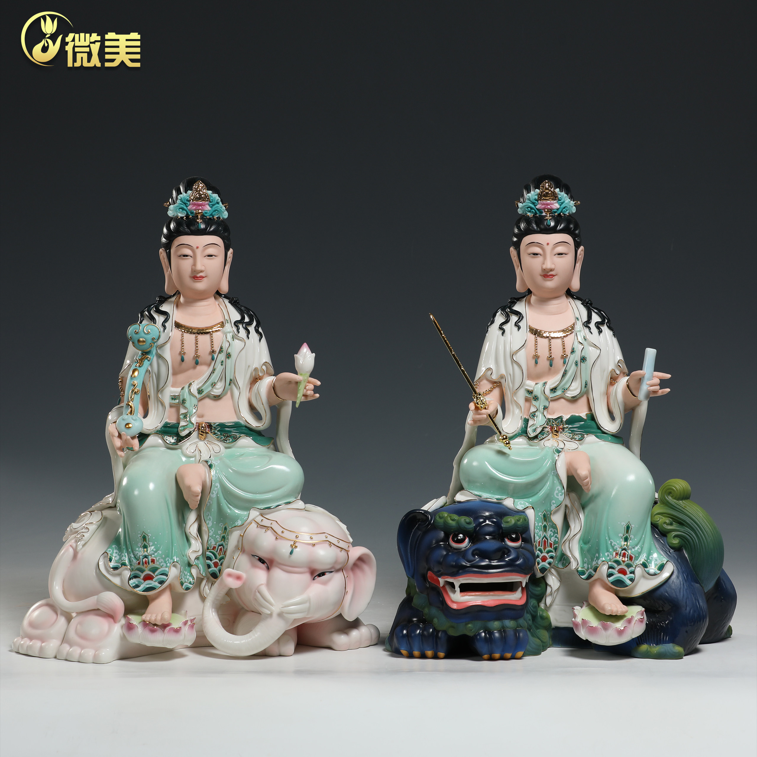 微美陶瓷文殊菩萨普贤佛像
