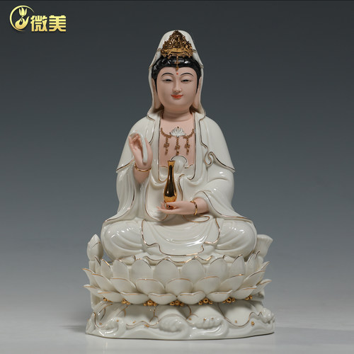 微美陶瓷坐三莲小花瓣观音摆件