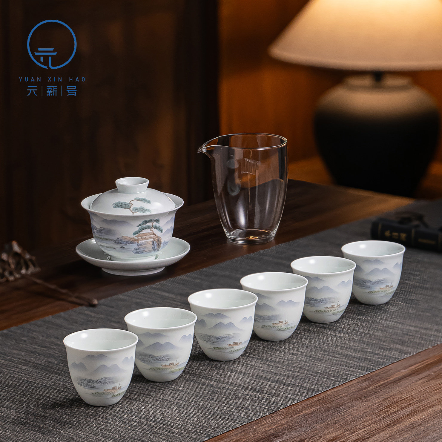元薪号茶具套装手绘1盖碗6茶杯景德镇陶瓷套组家用礼盒款春节礼品