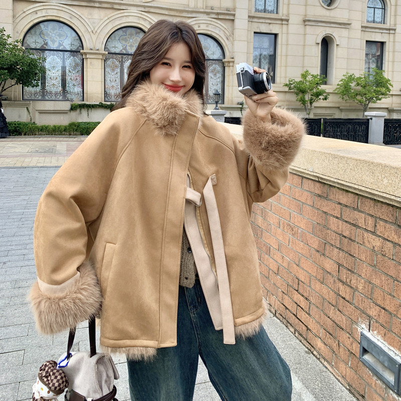 小个子加厚羊羔毛外套女冬季新款高级感麂皮绒棉服皮毛一体机车服,女装棉衣/棉服,2C018