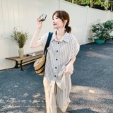 韩系条纹衬衫短袖套装女夏季新款高腰显瘦阔腿裤休闲时尚两件套潮，女装套装/套裙，2C018