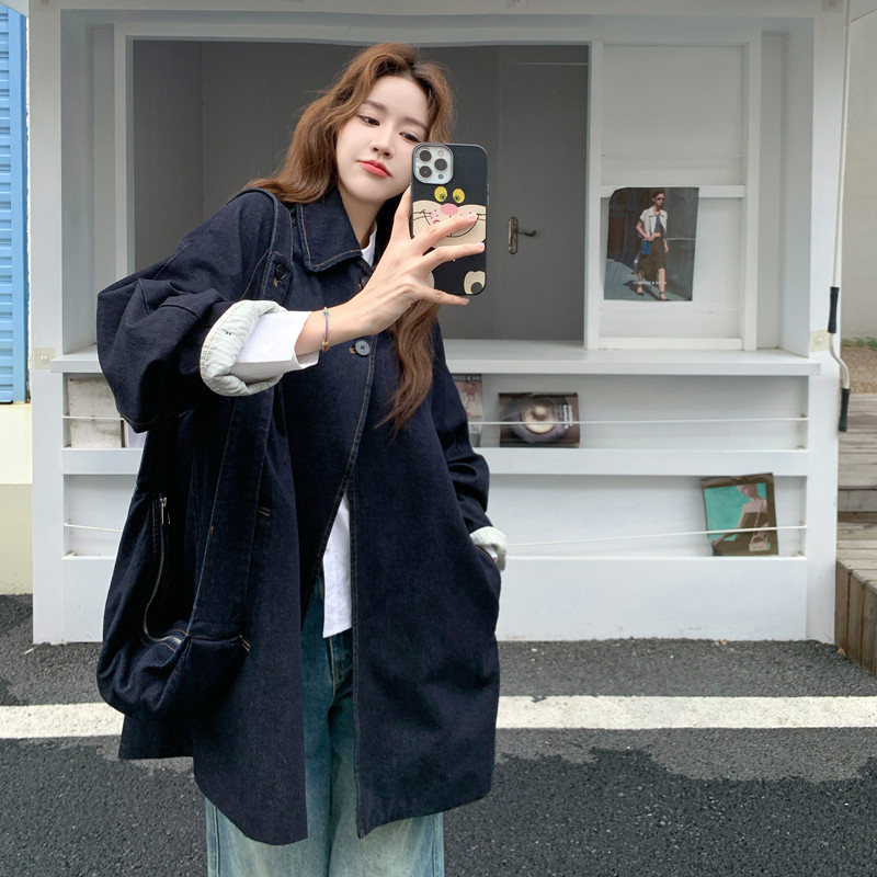 高级小众复古美式牛仔外套女春秋2025新款超火好看中长款夹克上衣,女装风衣,2C018