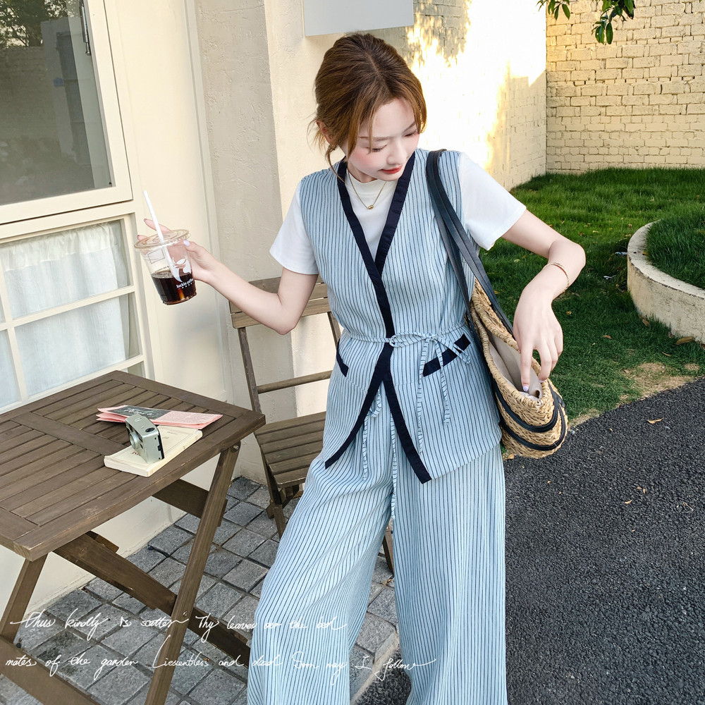 气质蓝色条纹马甲阔腿裤套装女夏2025新款韩系慵懒chic爆款两件套,女装套装/套裙,2C018